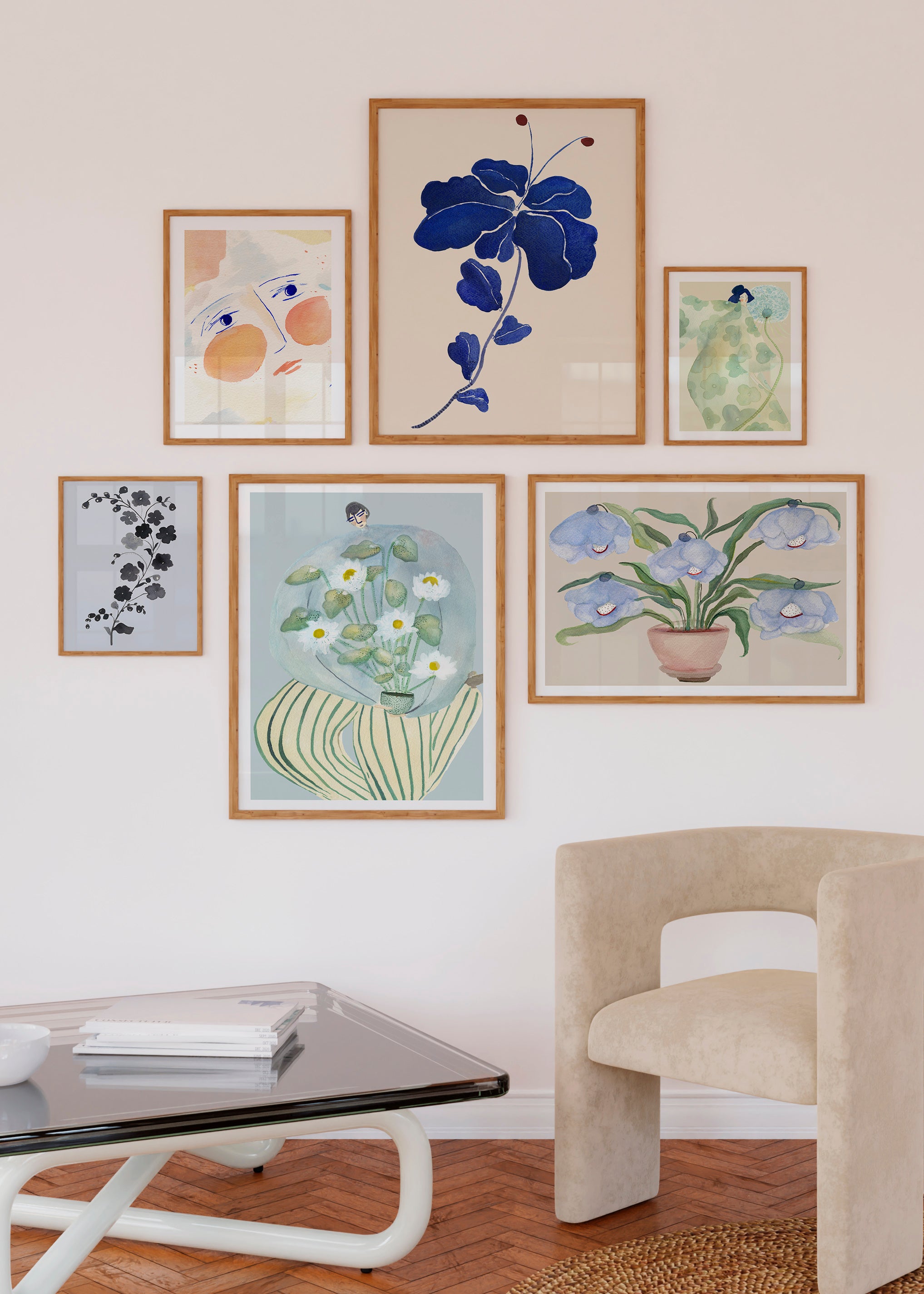 BLUE EYED GIRL kunstplakat med abstrakt ansigt i en billedvæg over en loungestol