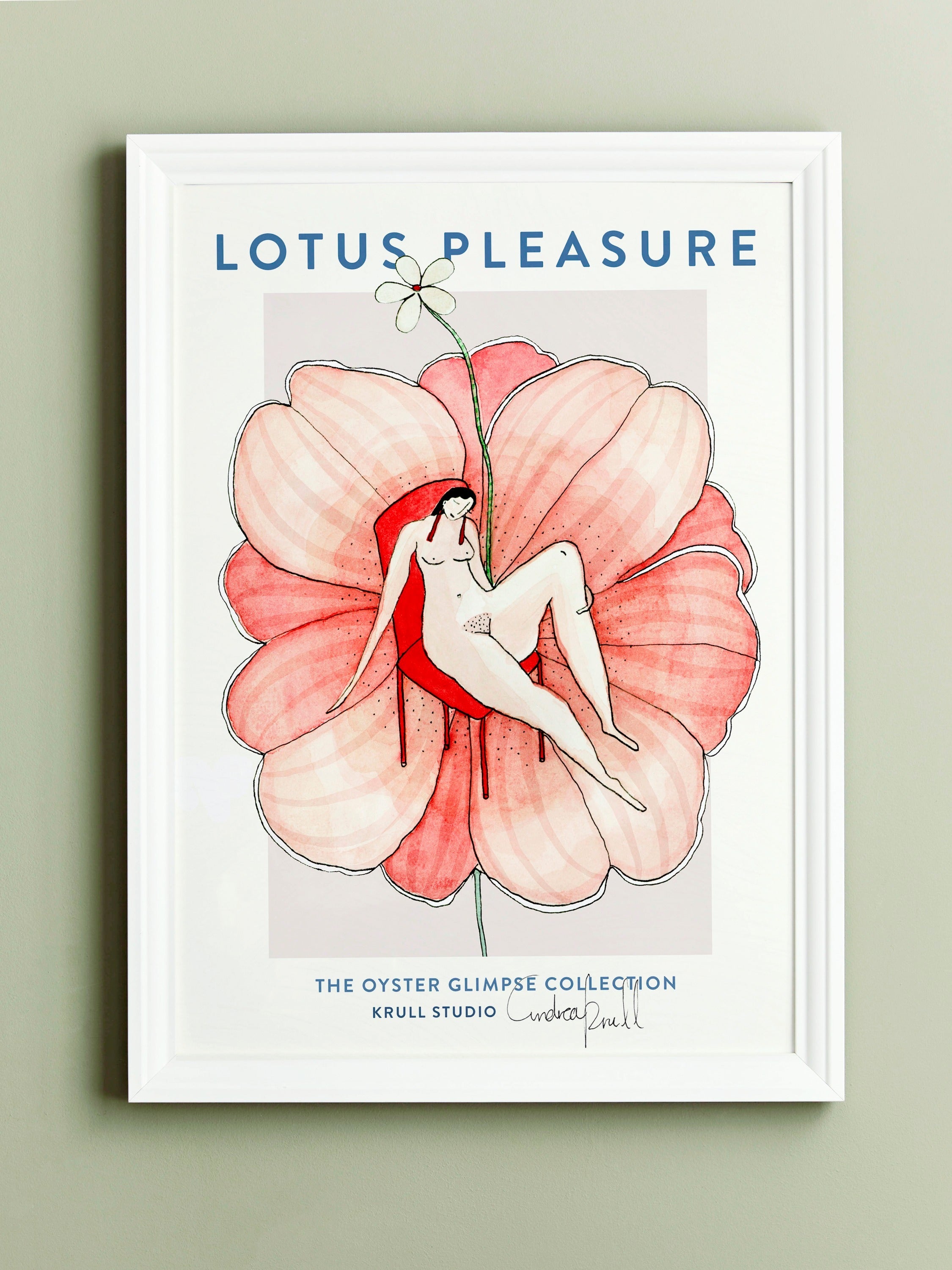 LOTUS PLEASURE kunstplakat i hvid ramme på lysegrøn væg