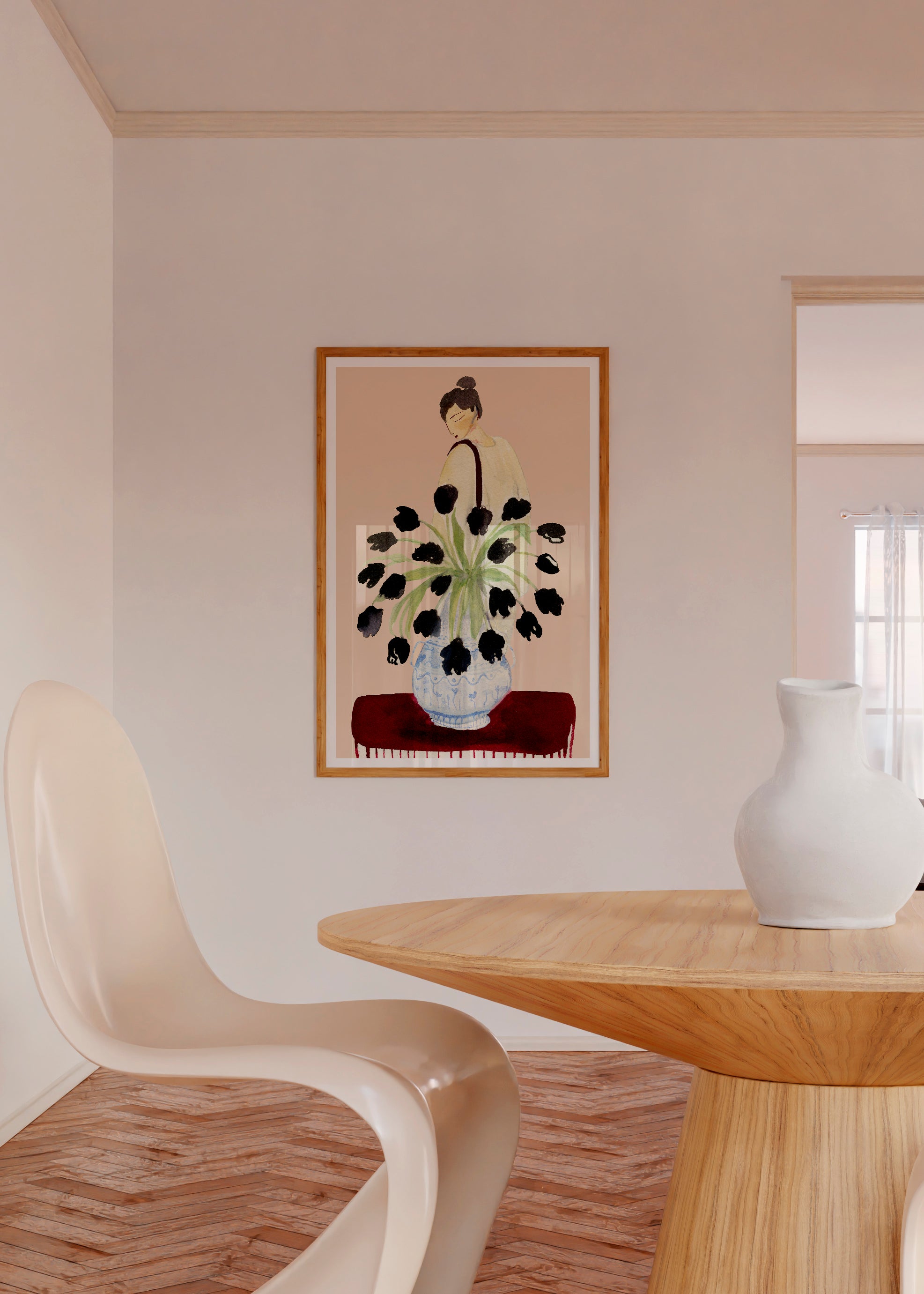 SUNDAY MARKET kunstplakat med sorte blomster over et lyst spisebord