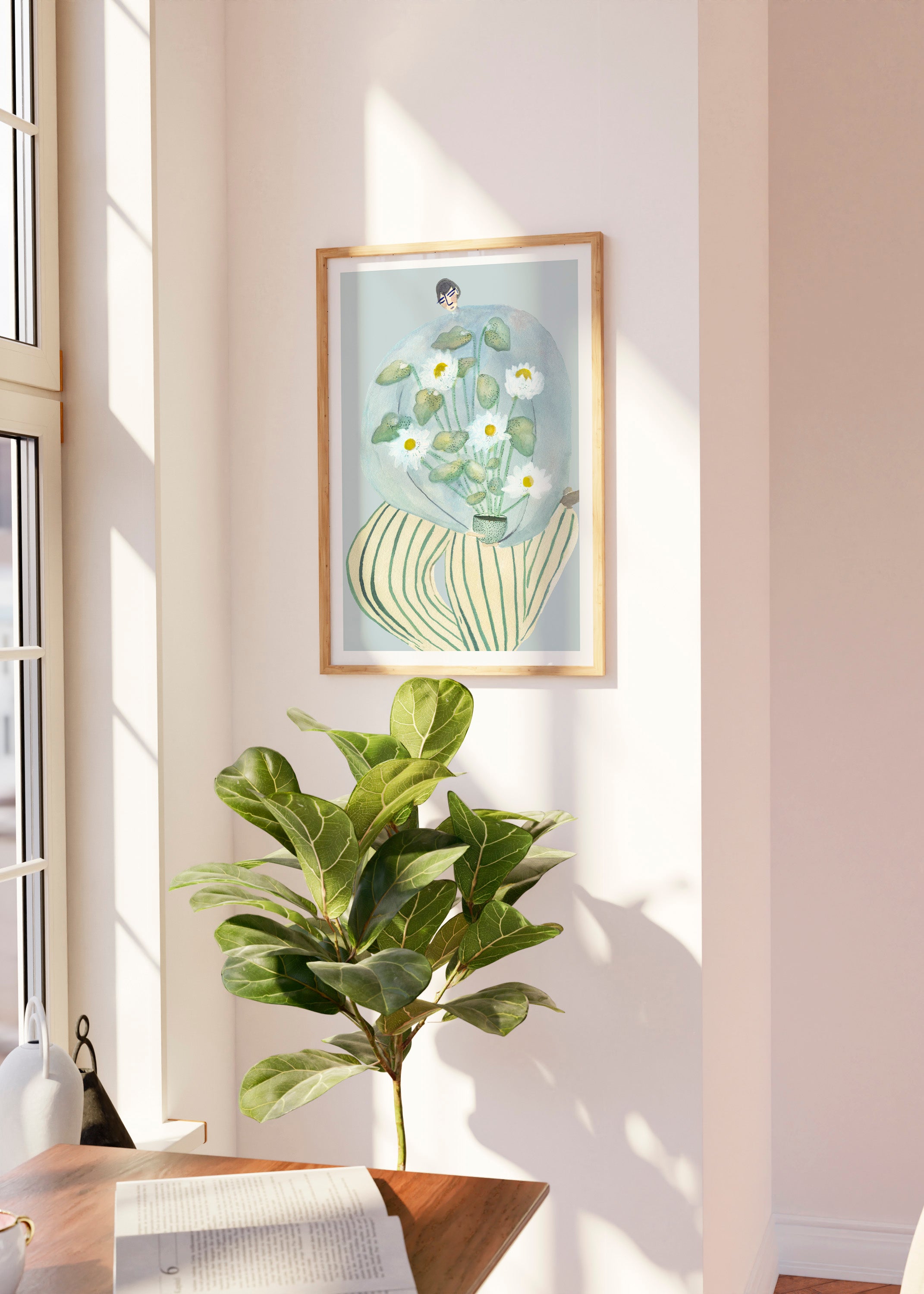 MY CHAMOMILE kunstplakat med hvide blomster over en grøn plante i lyst interiør